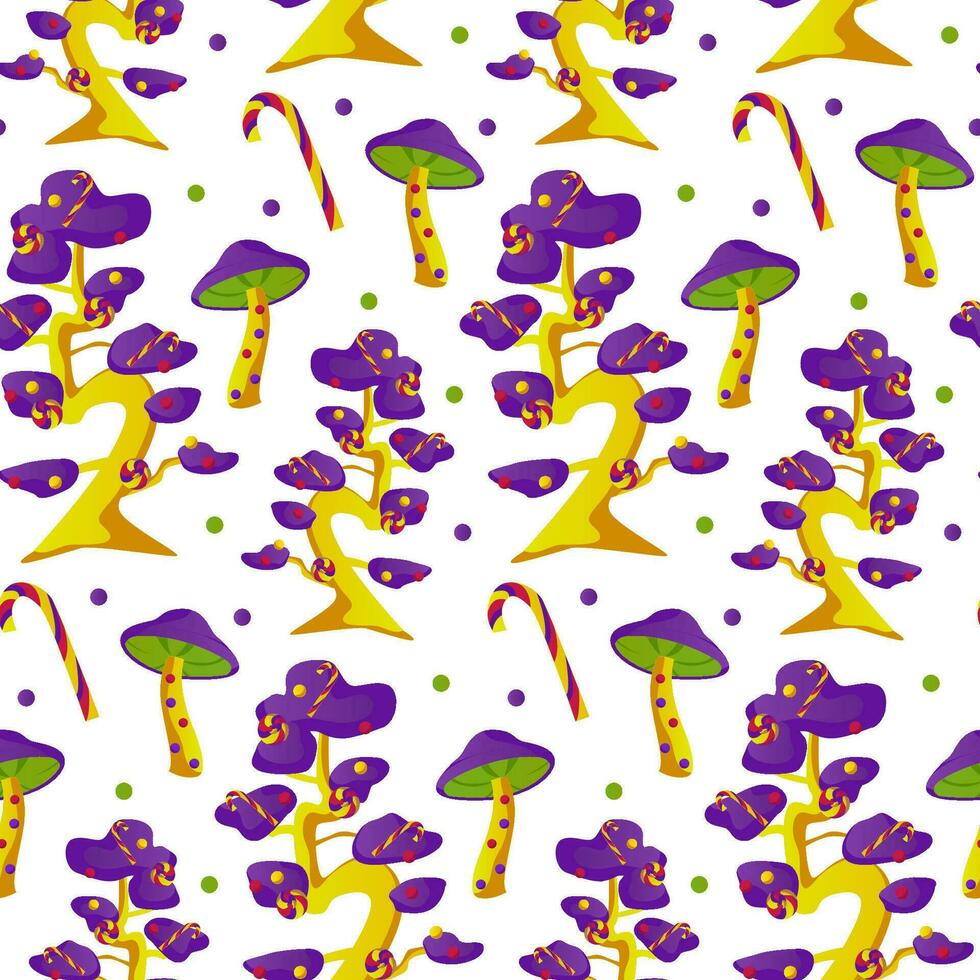 Colorful flowers and mushrooms seamless pattern, retro background. Vintage psychedelic textile, fabric, wrapping, wallpaper. Vector repeating magic floral illustration.