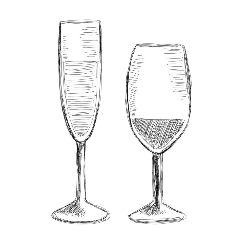 Wine glass on a white background. Black and white sketch. Vector