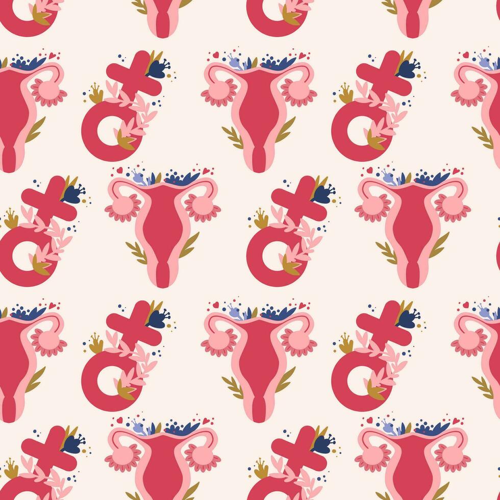 Women hygiene elements seamless pattern. Menstruation cycle, ucunderpants, sanitary pads, menstrual cup vector illustration