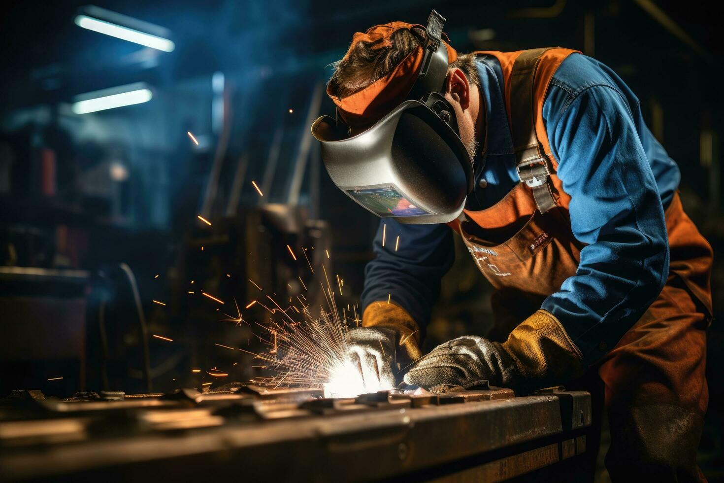 AI generated a man in overall working in a factory using welding equipment, photo