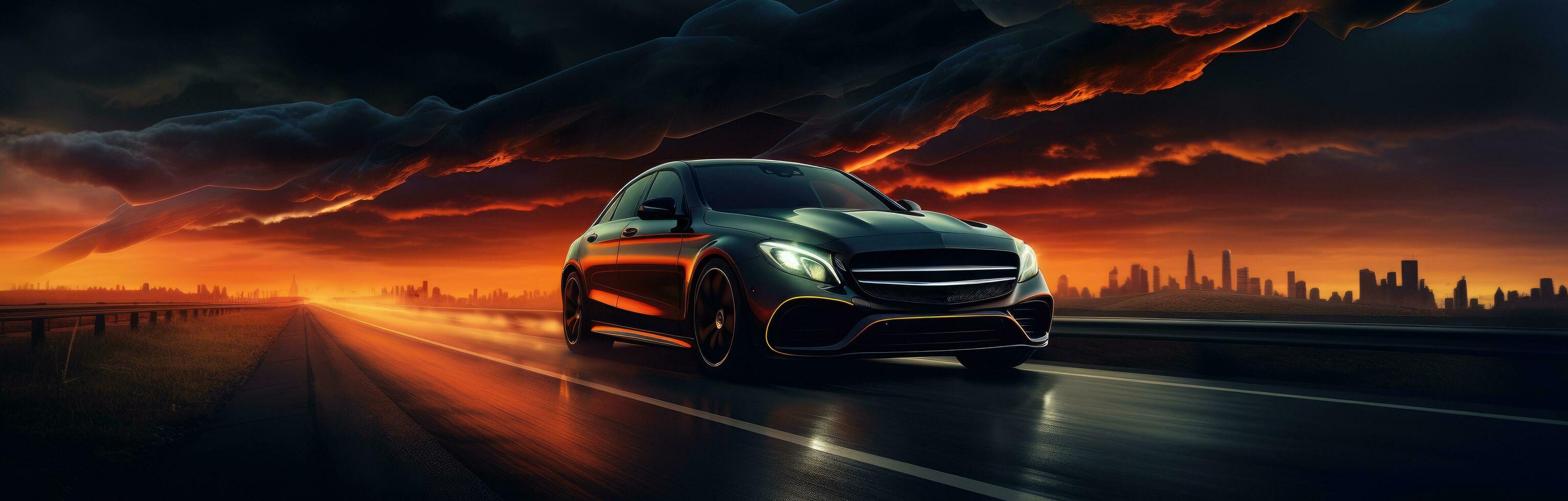 AI generated a dark car driving down a highway through a night time sky photo