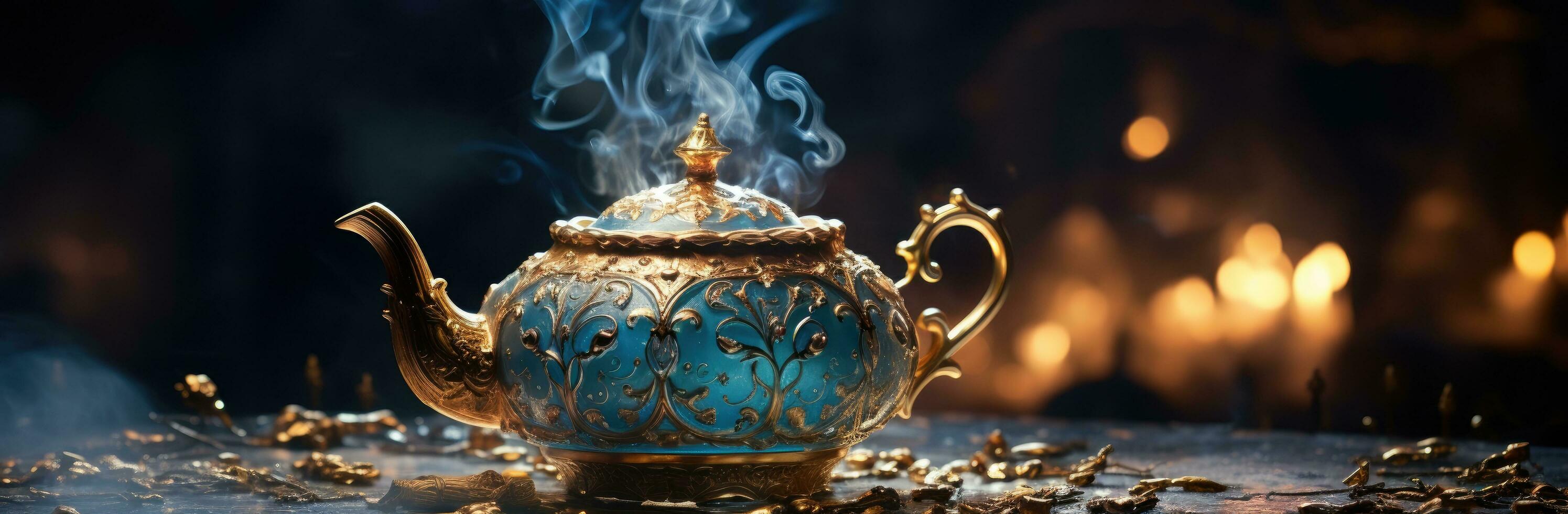 AI generated a golden teapot with smoke flying up from it photo