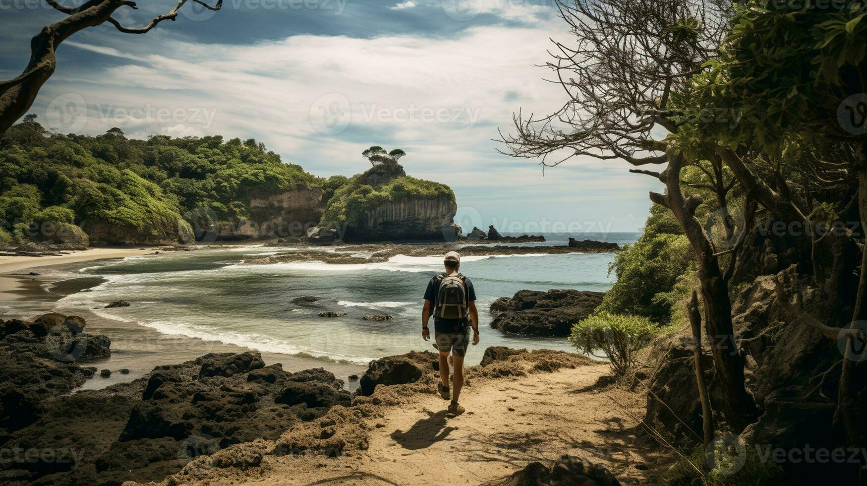 AI generated a photograph of traveler or backpaker in the beach with a many style and many angle photo