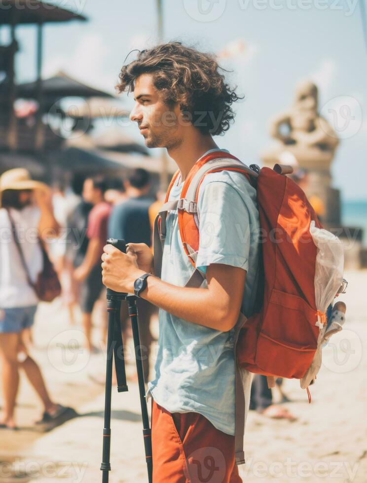 AI generated a photograph of traveler or backpaker in the beach with a many style and many angle photo