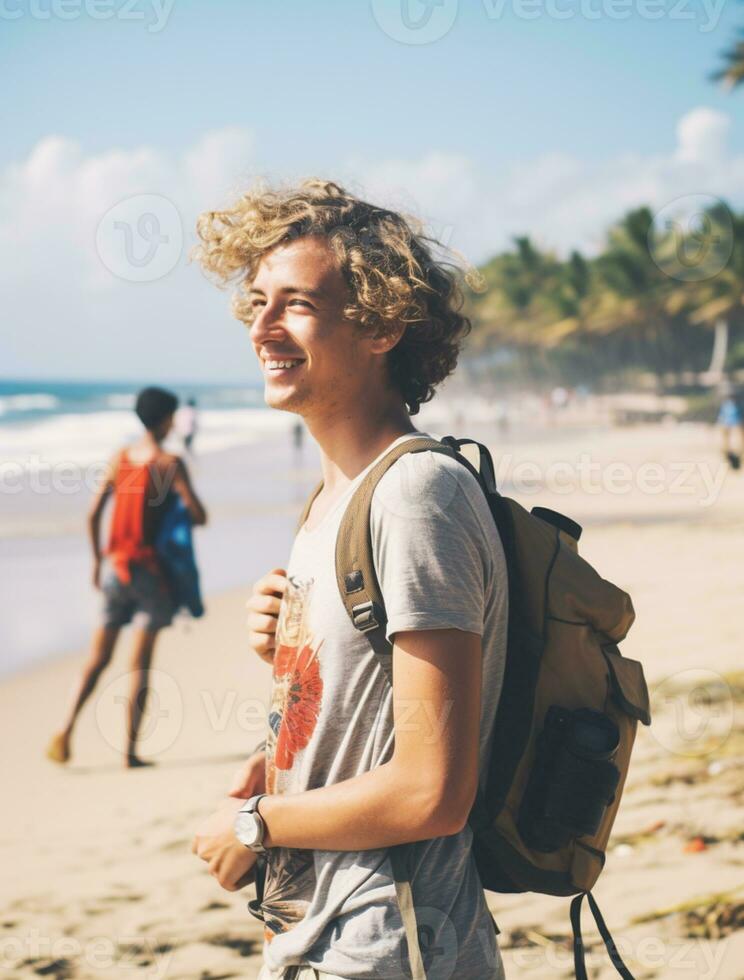 AI generated a photograph of traveler or backpaker in the beach with a many style and many angle photo