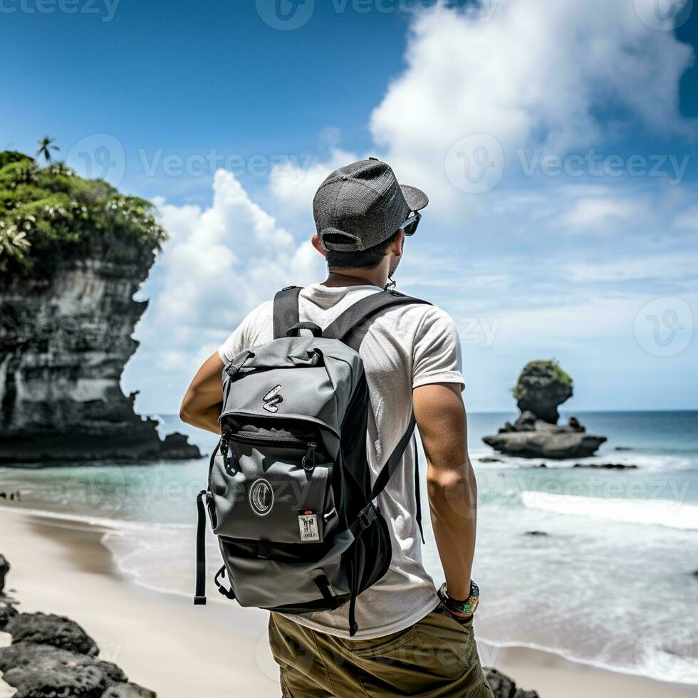 AI generated a photograph of traveler or backpaker in the beach with a many style and many angle photo