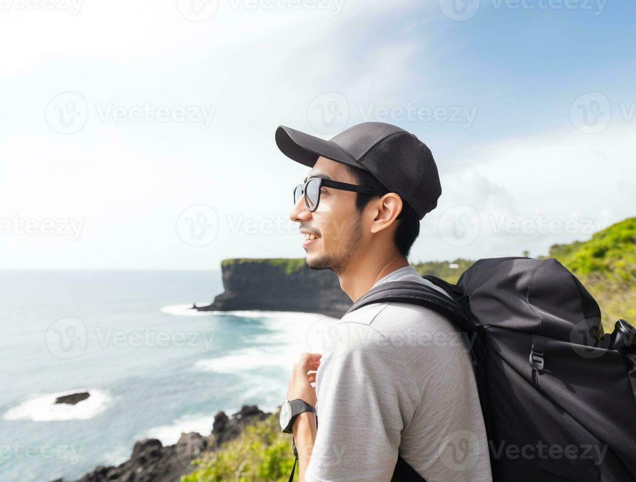 AI generated a photograph of traveler or backpaker in the beach with a many style and many angle photo