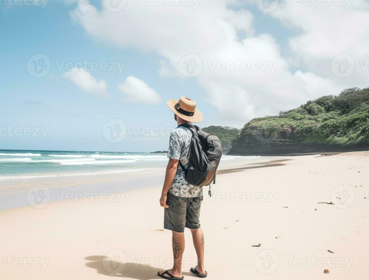 AI generated a photograph of traveler or backpaker in the beach with a many style and many angle photo