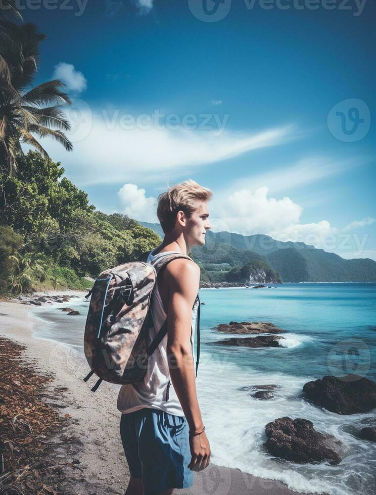 AI generated a photograph of traveler or backpaker in the beach with a many style and many angle photo