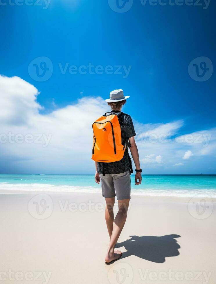 AI generated a photograph of traveler or backpaker in the beach with a many style and many angle photo