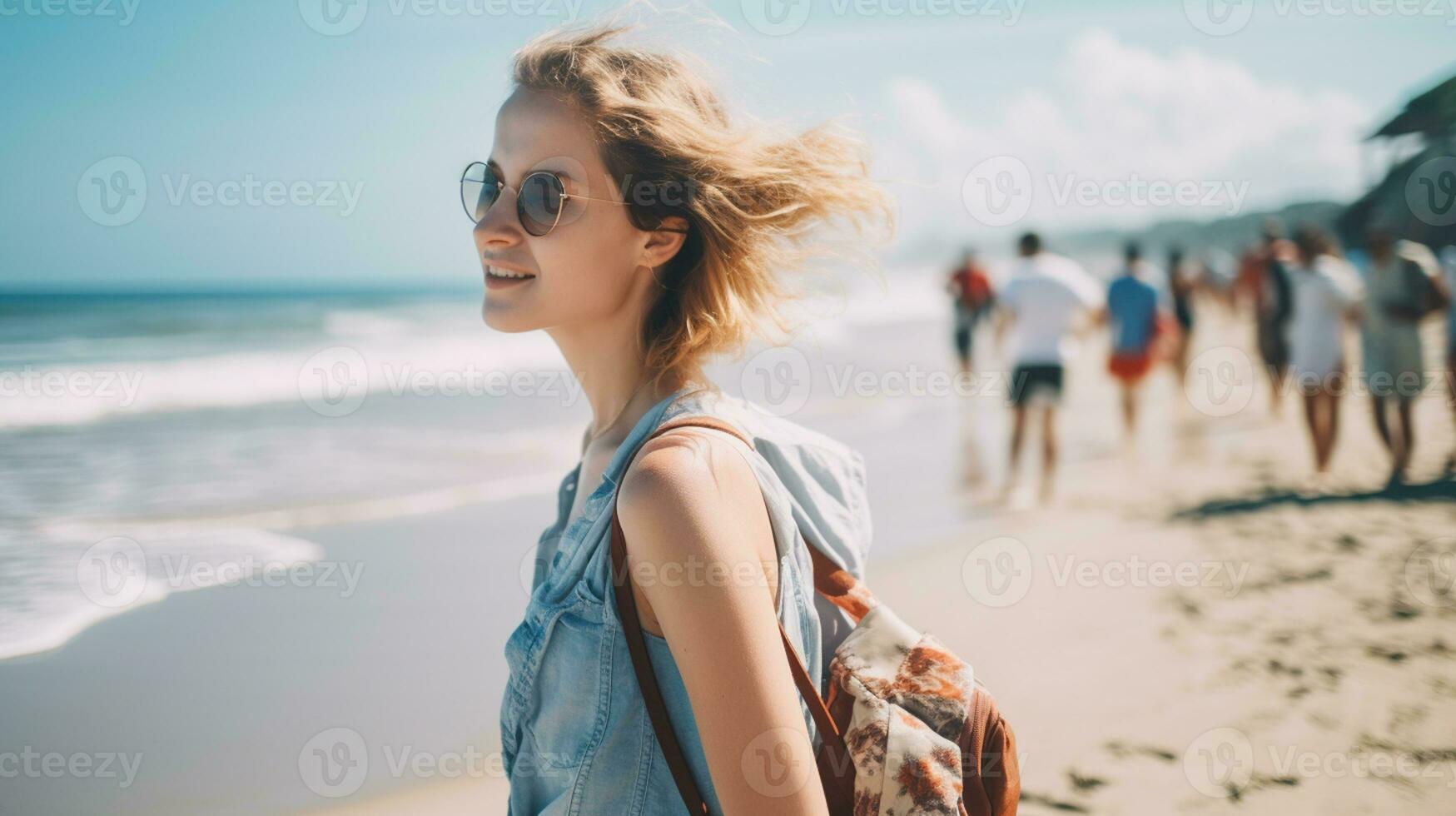 AI generated a photograph of traveler or backpaker in the beach with a many style and many angle photo