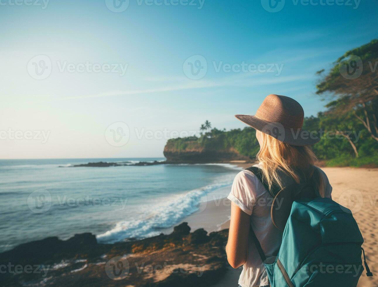 AI generated a photograph of traveler or backpaker in the beach with a many style and many angle photo