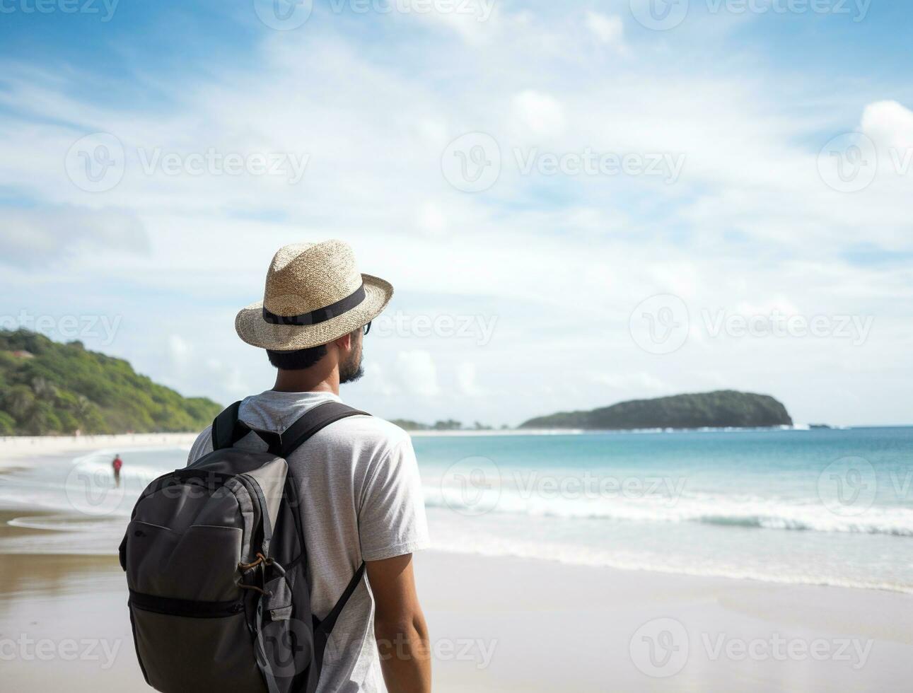 AI generated a photograph of traveler or backpaker in the beach with a many style and many angle photo