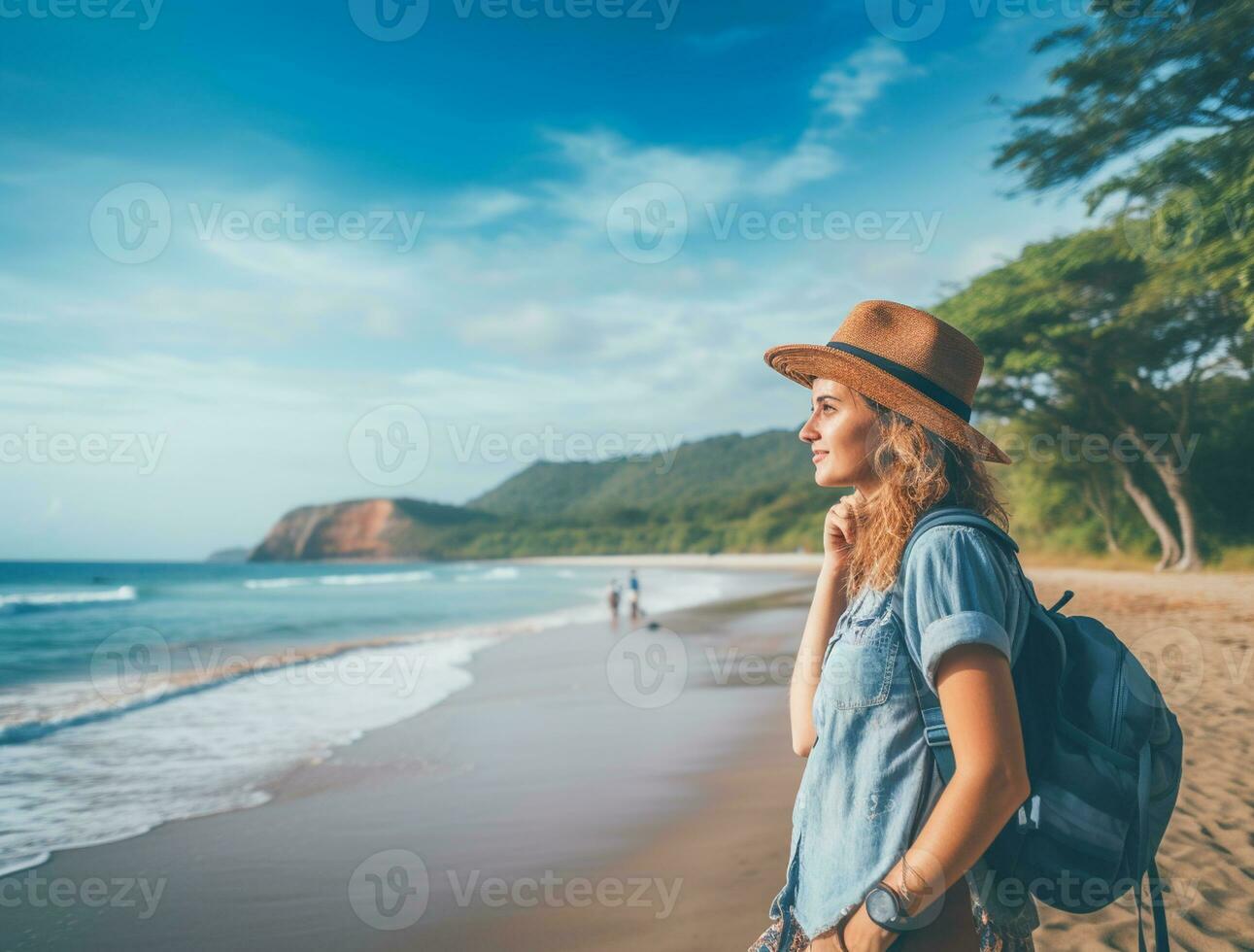 AI generated a photograph of traveler or backpaker in the beach with a many style and many angle photo