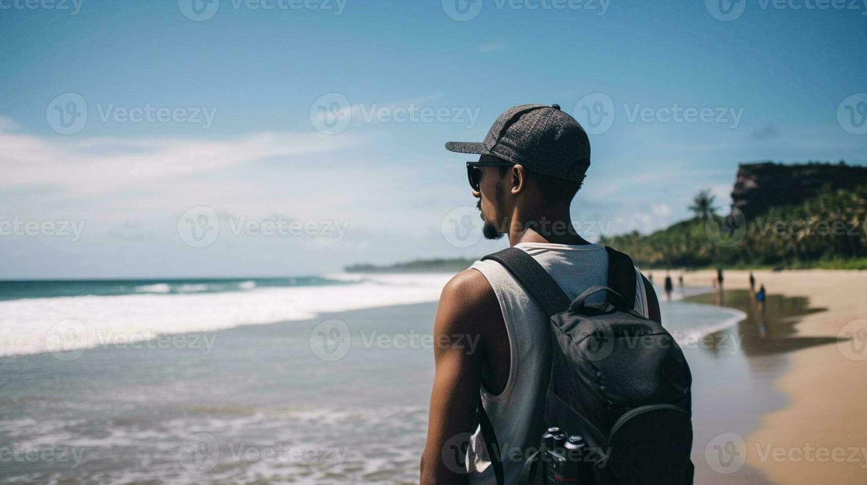 AI generated a photograph of traveler or backpaker in the beach with a many style and many angle photo