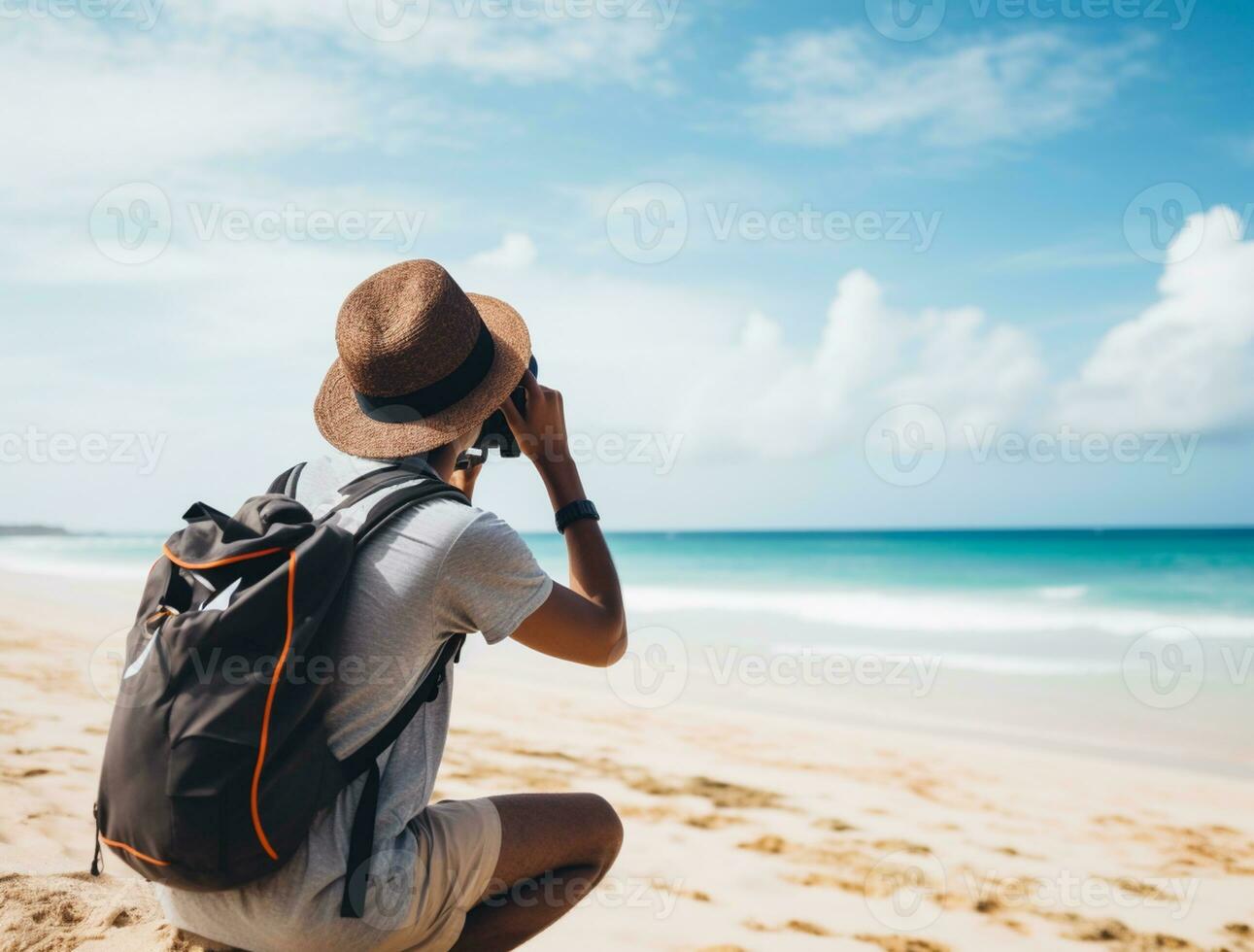 ai generado un fotografía de viajero o mochilero en el playa con un muchos estilo y muchos ángulo foto