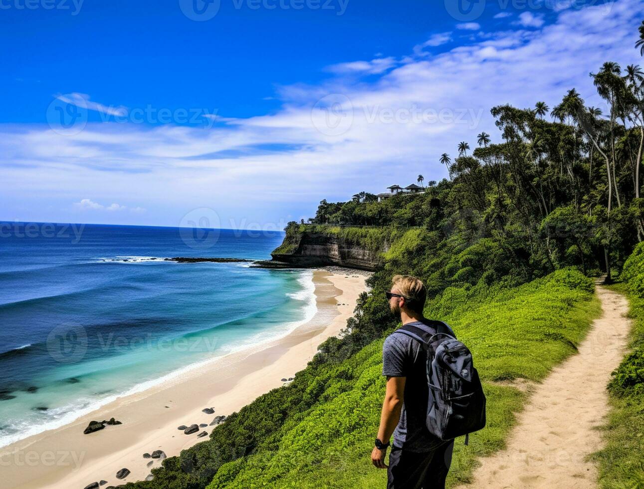 AI generated a photograph of traveler or backpaker in the beach with a many style and many angle photo