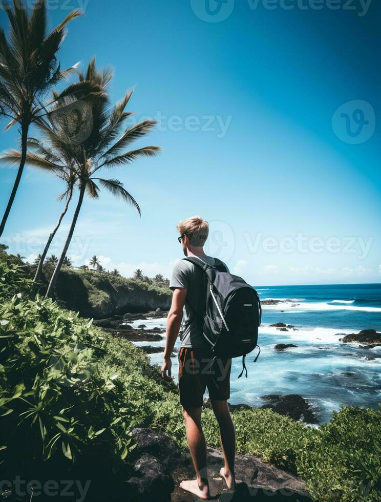 AI generated a photograph of traveler or backpaker in the beach with a many style and many angle photo