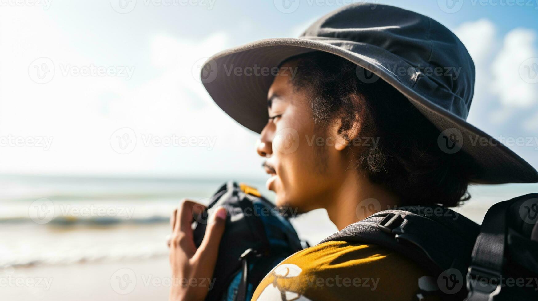 AI generated a photograph of traveler or backpaker in the beach with a many style and many angle photo
