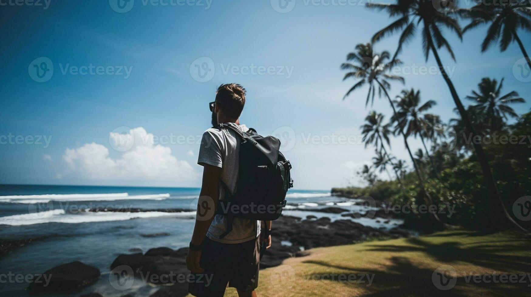 AI generated a photograph of traveler or backpaker in the beach with a many style and many angle photo