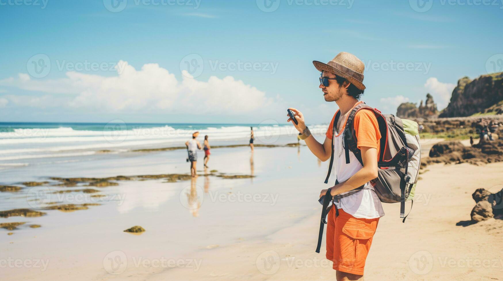 AI generated a photograph of traveler or backpaker in the beach with a many style and many angle photo