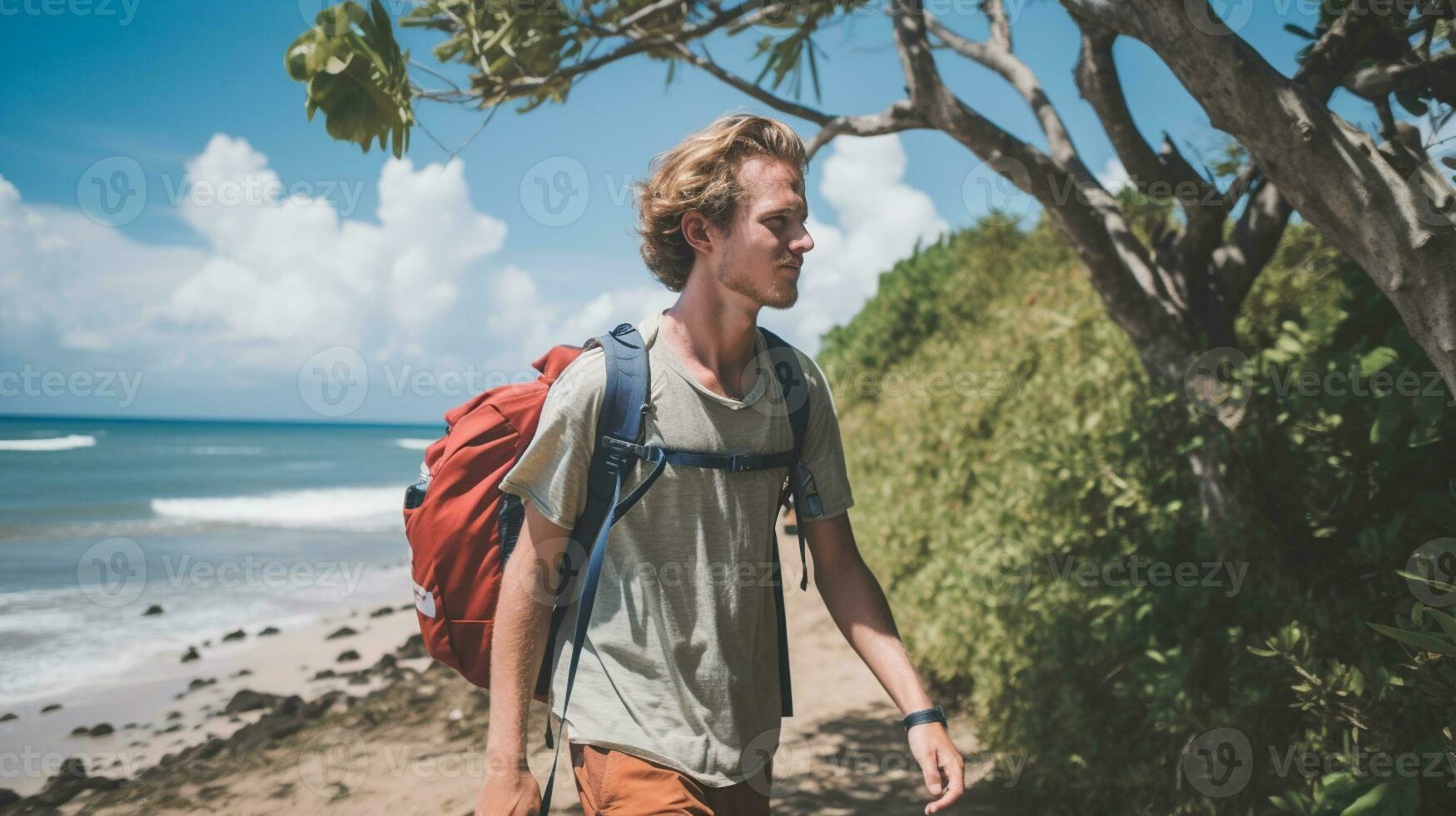 AI generated a photograph of traveler or backpaker in the beach with a many style and many angle photo
