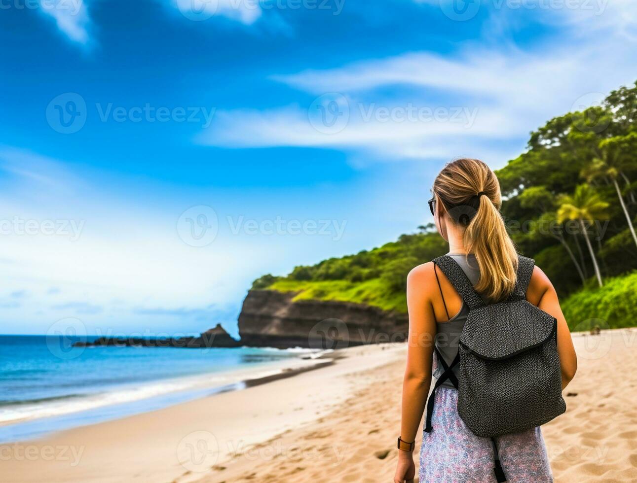 AI generated a photograph of traveler or backpaker in the beach with a many style and many angle photo