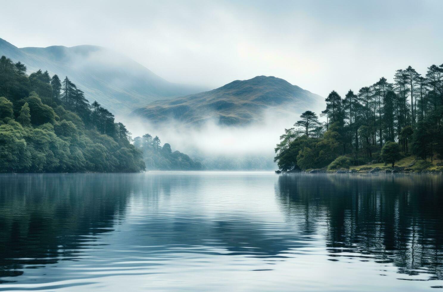 AI generated a mountain lake with mist reflecting on it photo