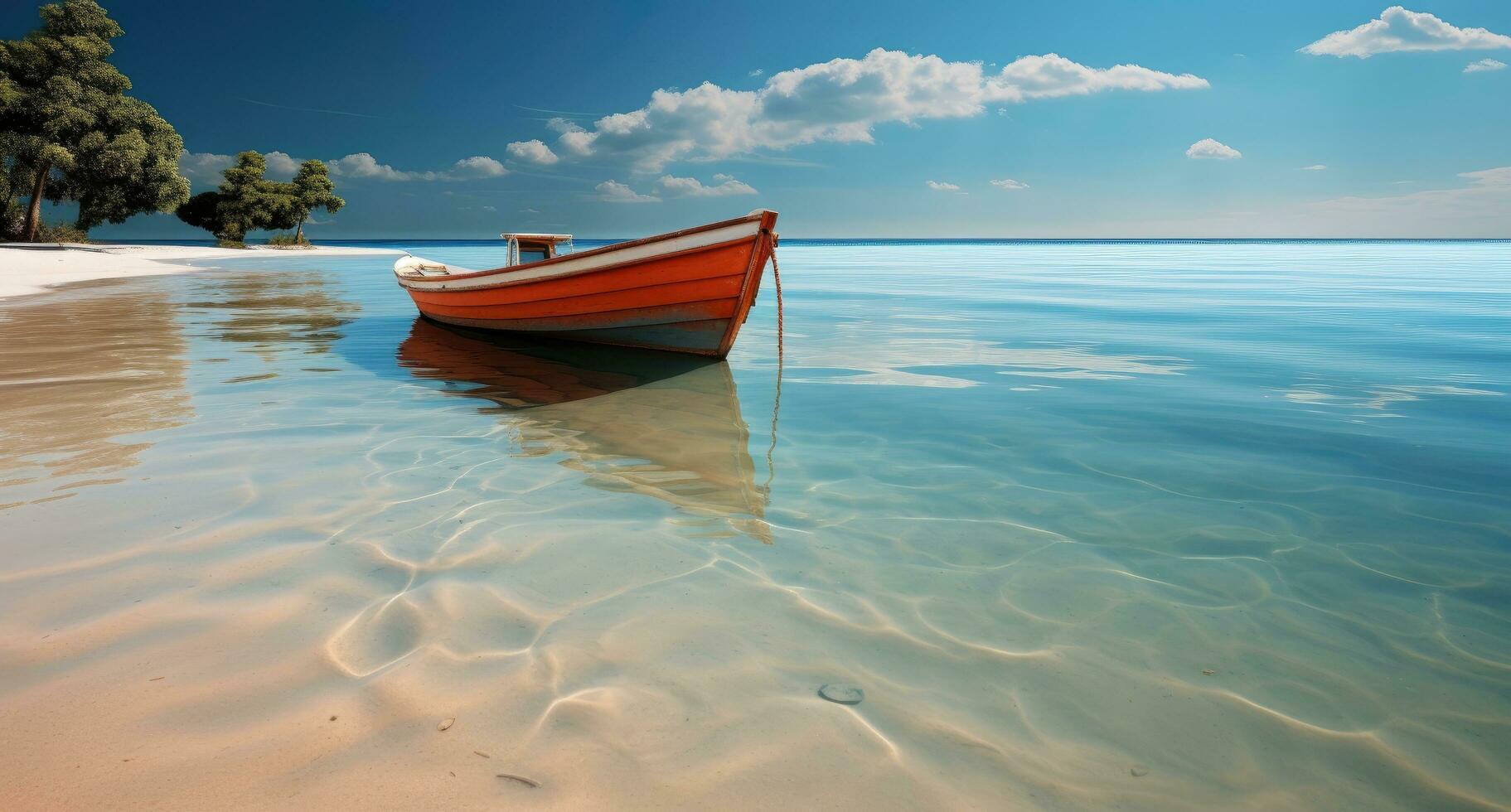 AI generated a boat rests on top of water on a tropical beach photo