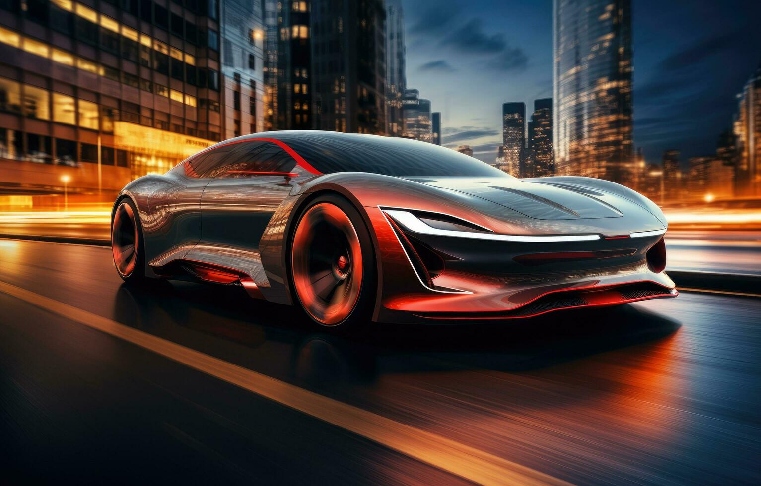 AI generated a futuristic car drives down the street at night photo