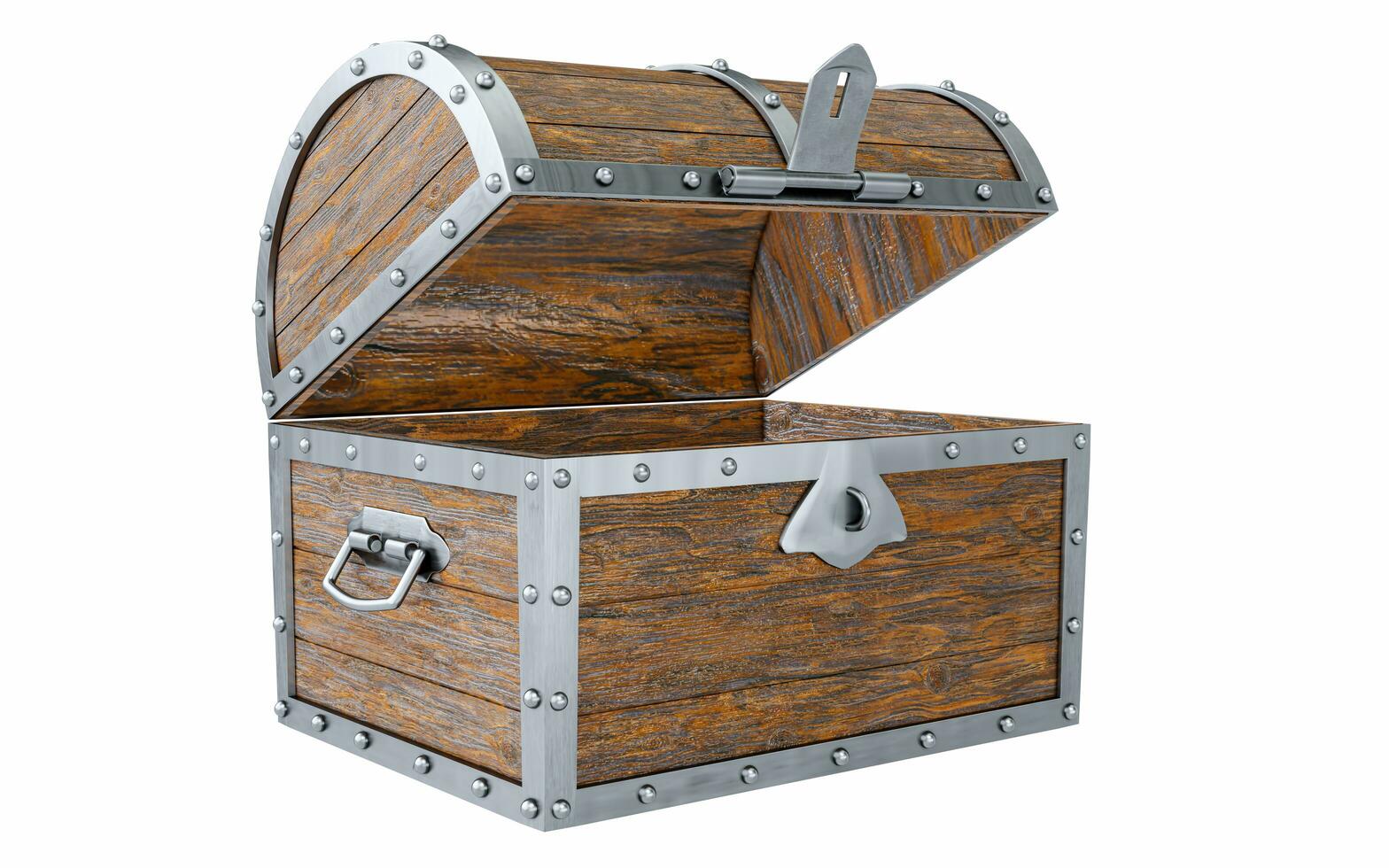 Old broken vintage pirate treasure chest. Rotten and broken. For storing valuables Made of cracked wood And rusted metal texture on white background and wallpaper. with clipping path. 3D Rendering. photo