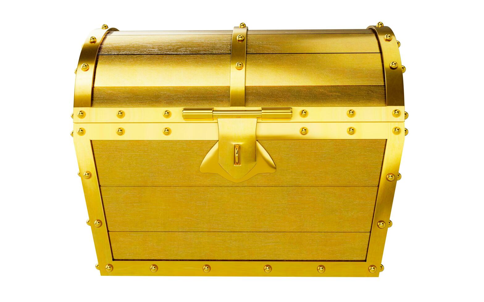 Treasure chest made of gold. Antique chest made of wood and metal, painted gold. Antique padlock locks the treasure chest. on a white background with clipping path. 3D rendering photo