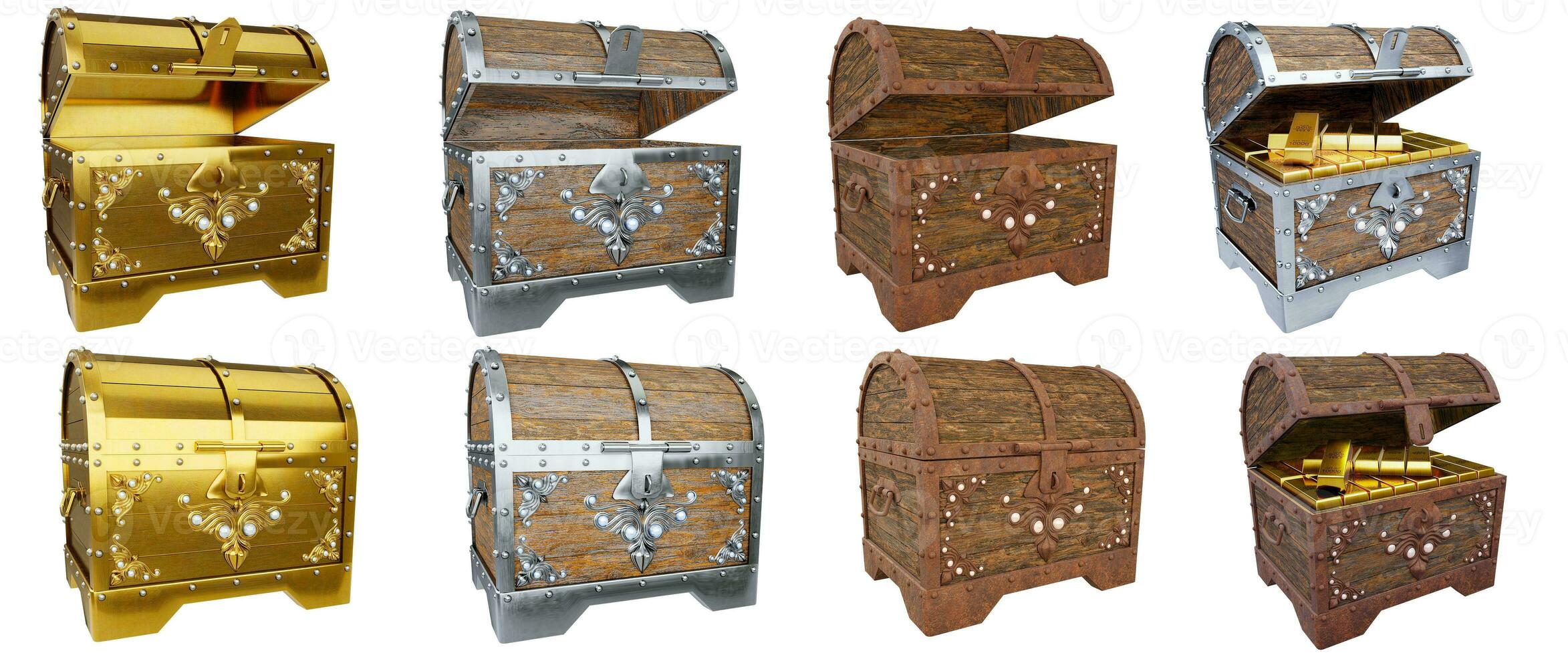 Set of Treasure chest closed and open cover made of gold and Wooden. Antique chest made of wood and metal painted gold. Antique padlock locks the treasure chest. on a white background. 3D rendering photo