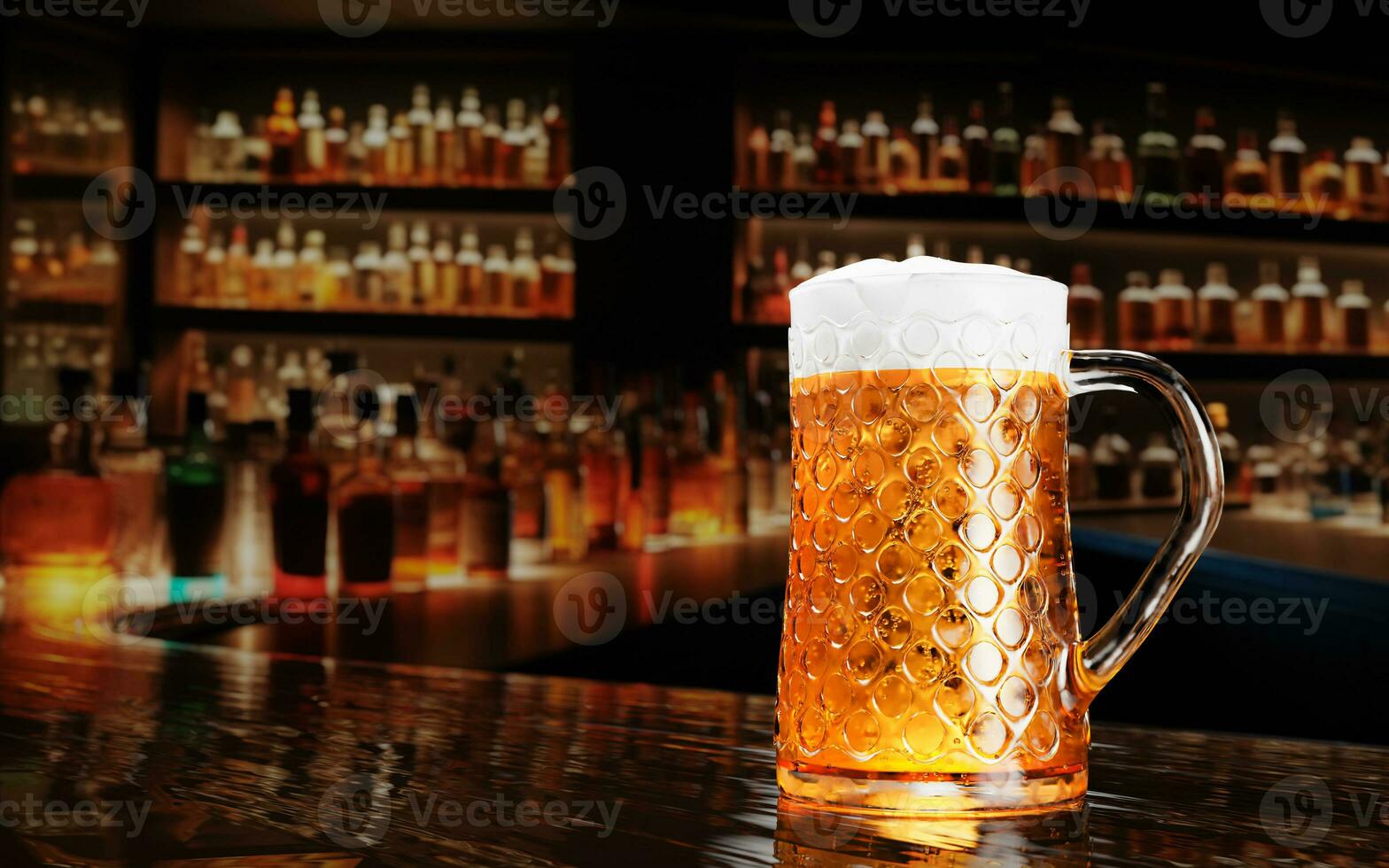 Draft or craft beer in a tall clear glass. With cold steam, White beer foam was placed on the reflective floor. There were water droplets on the floor. Most popular alcoholic beverages. 3D rendering photo