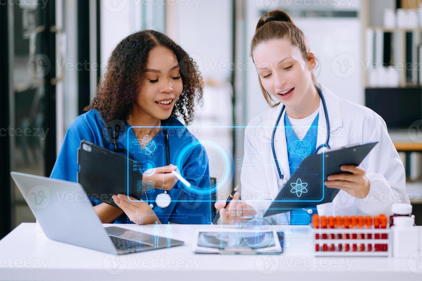 Medical technology, doctor use AI robots for diagnosis and increasing accuracy patient treatment in future. doctor hand working with tablet, computer with his team Medical photo