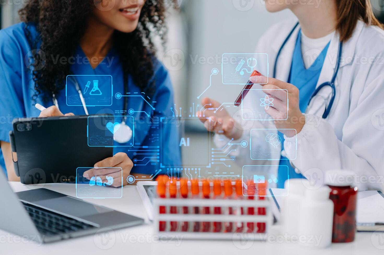 Medical technology, doctor use AI robots for diagnosis and increasing accuracy patient treatment in future. doctor hand working with tablet, computer with his team Medical photo