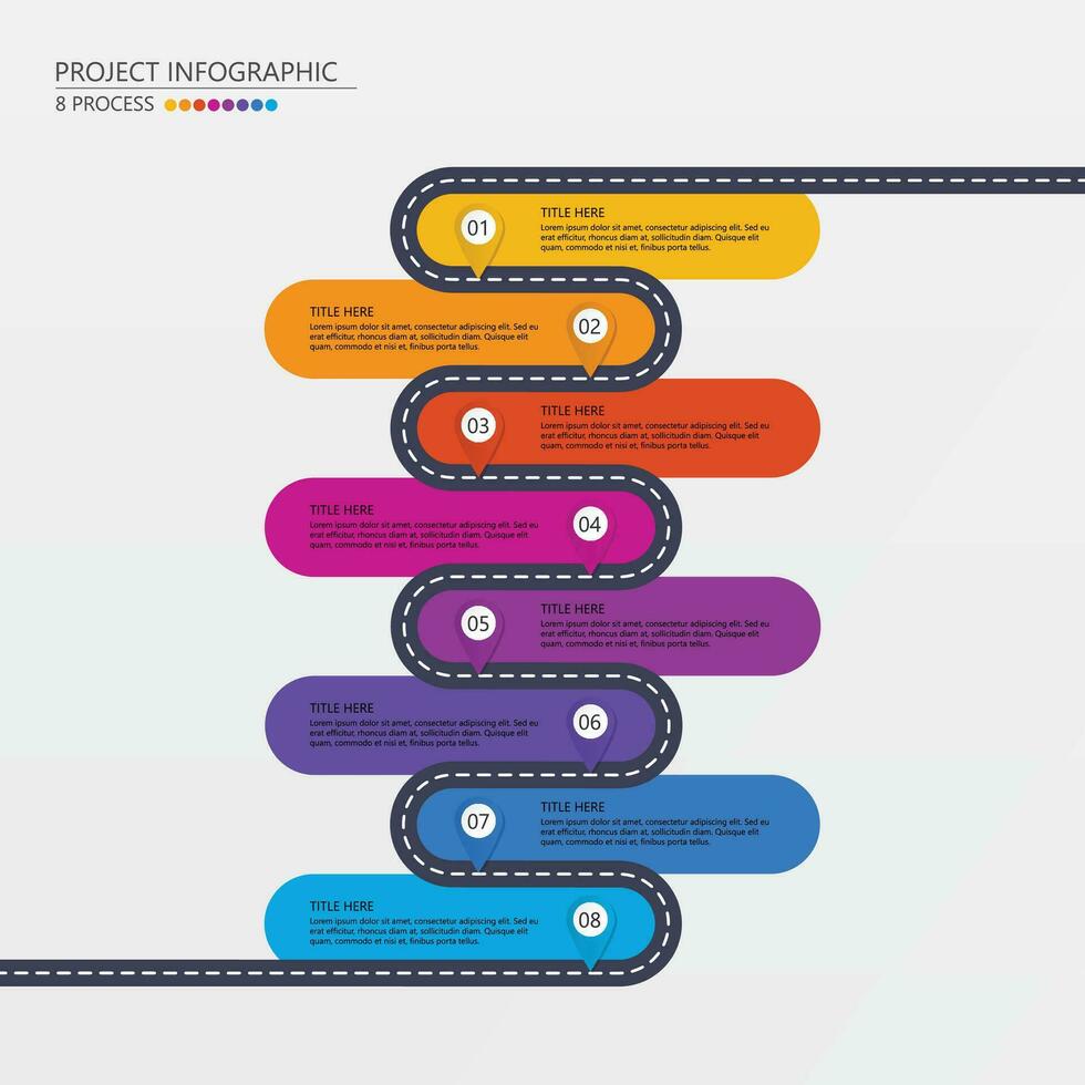 la carretera camino infografía circulo de 8 pasos y negocio íconos para Finanzas proceso pasos. vector