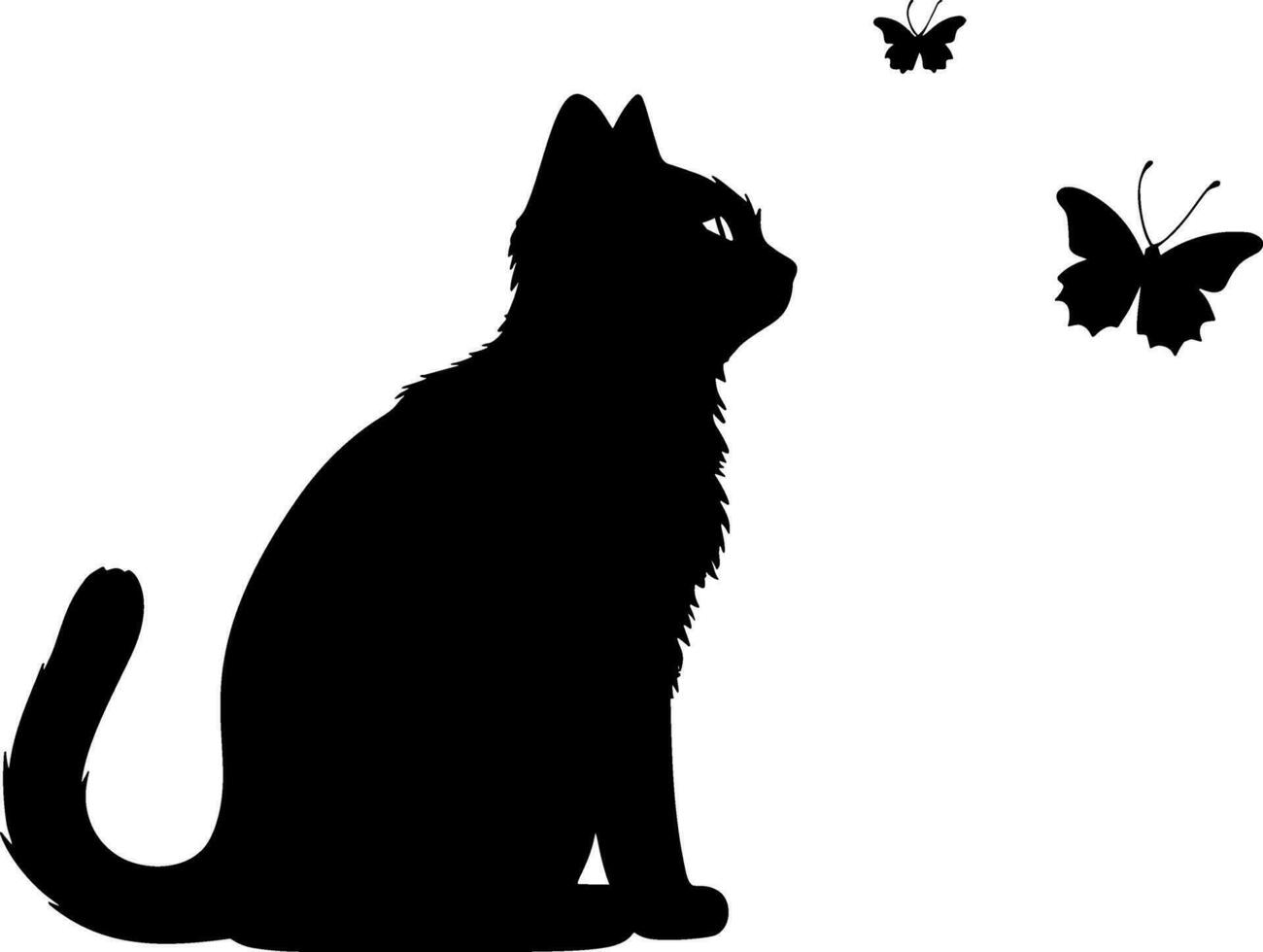 A kitten sits and looks at a flying butterfly. Black silhouette of a cat isolated on white background. AI generated illustration. vector