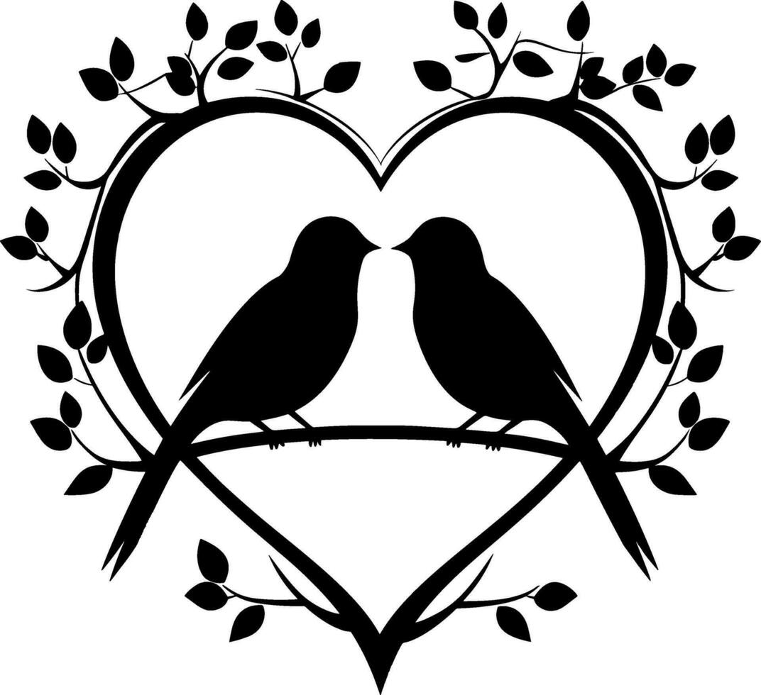 vector silhouettes of birds at tree, hand drawn songbirds at branch, Valentine s symbol, a pair of lovers, isolated vector element. AI generated illustration.