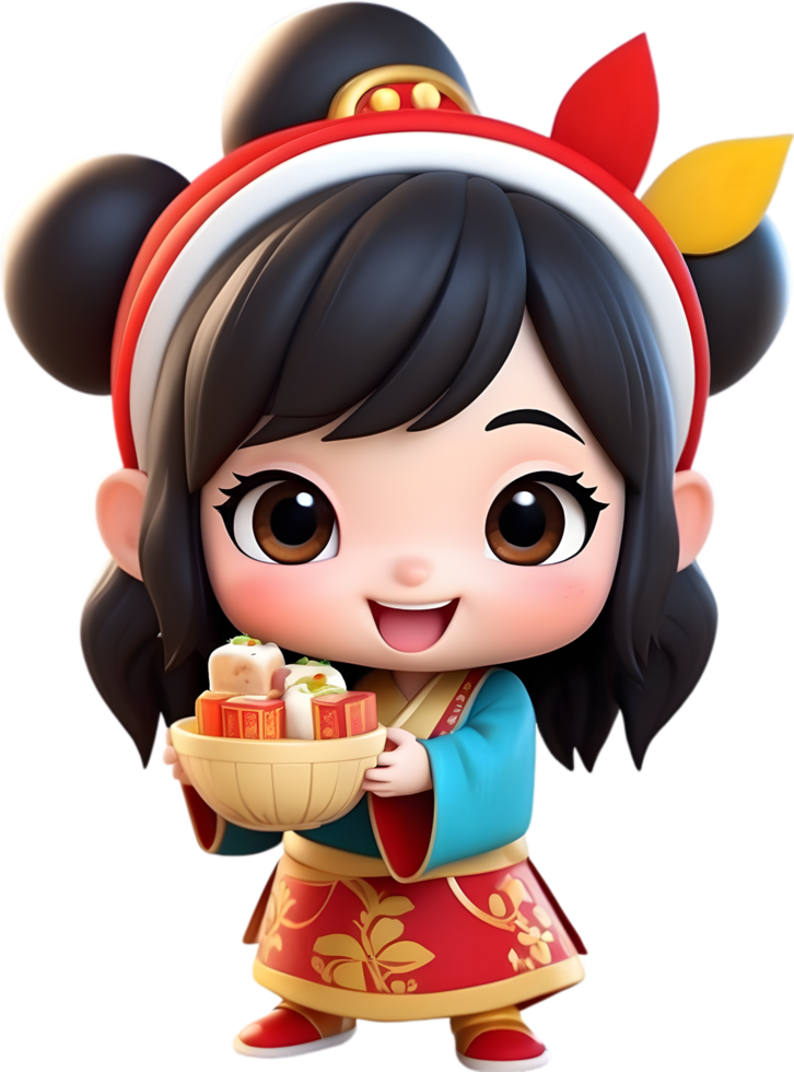 AI generated chinese new year cartoon girl holding a tray of food png