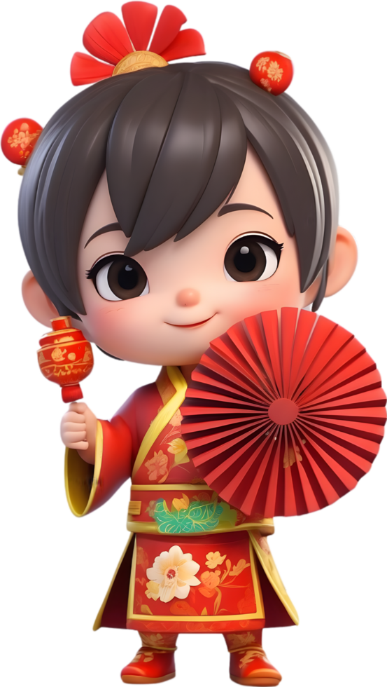 AI generated chinese new year cartoon kid holding a fan png