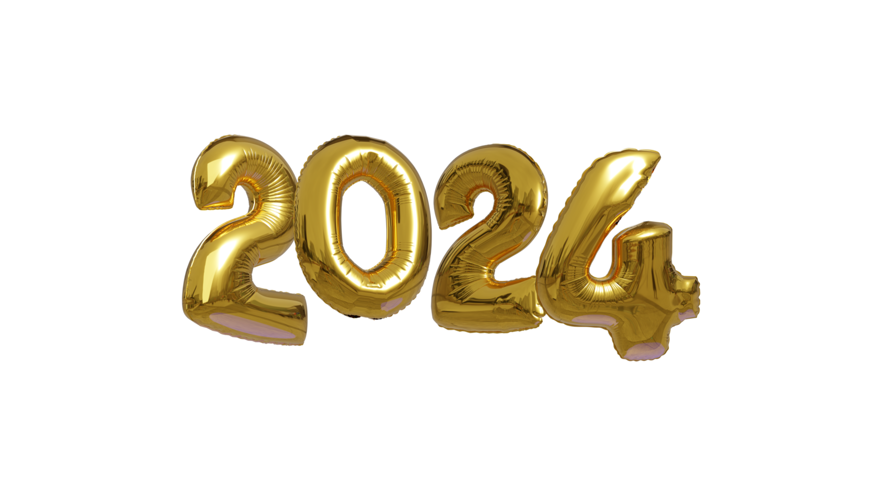3D illustration of 2024 number shaped balloons. Gold balloons in shape of 2,0,2 and 4, on transparent background, no background.. png