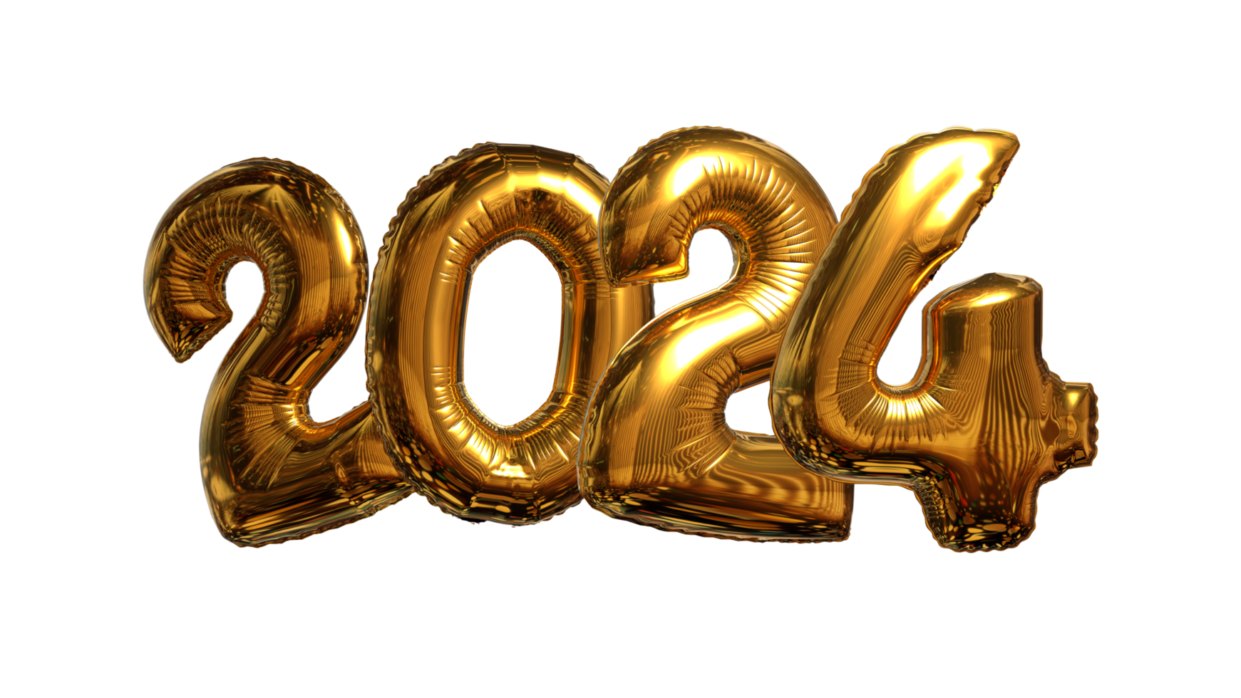 Golden balloons in the shape of 2024 against a transparent background. 3D rendering illustration. png