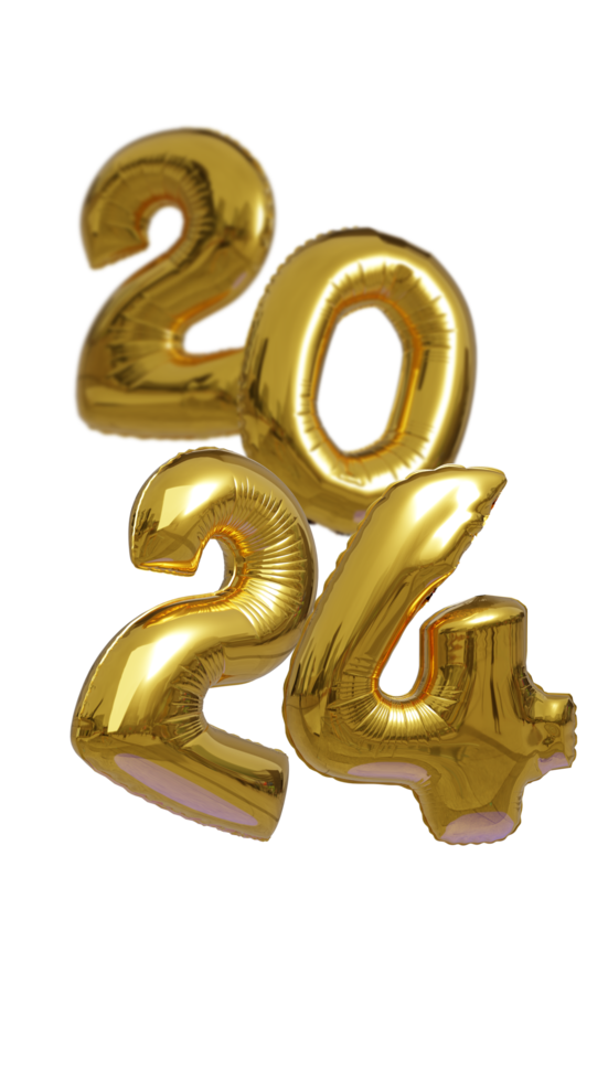 3D illustration of 2024 number shaped balloons. Gold balloons in shape of 2,0,2 and 4, on transparent background. png