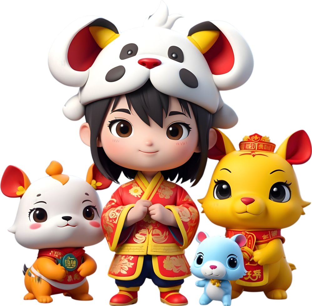 AI generated chinese new year cartoon character kid with animals png