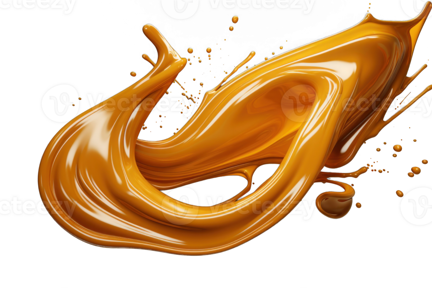 AI generated Splash of melted caramel sauce isolated on transparent background. Brown toffee wave splashing with droplets. Tasty confectionary png