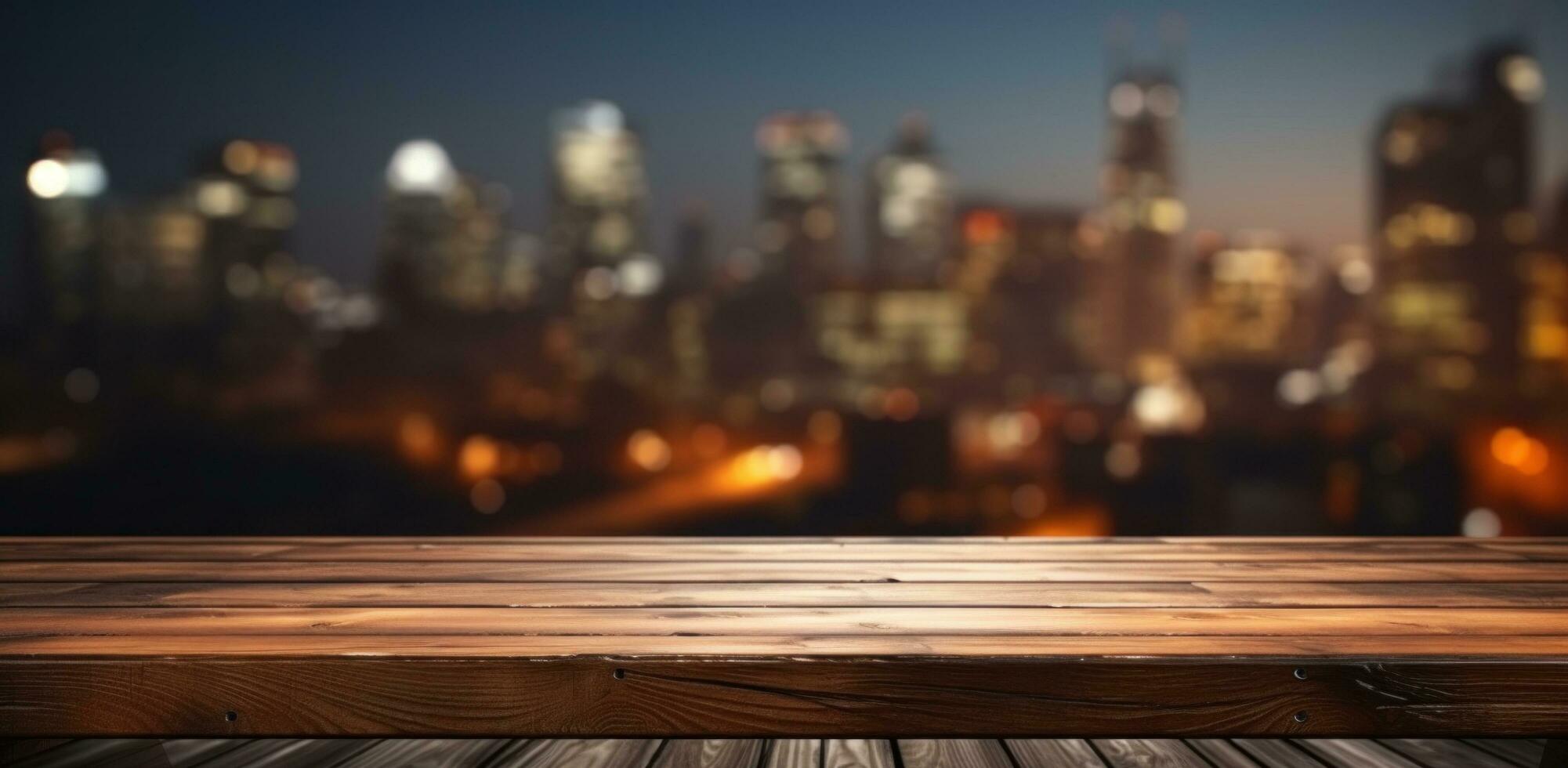 ai generado de madera comida mesa con borroso antecedentes mientras mirando dentro el ciudad foto