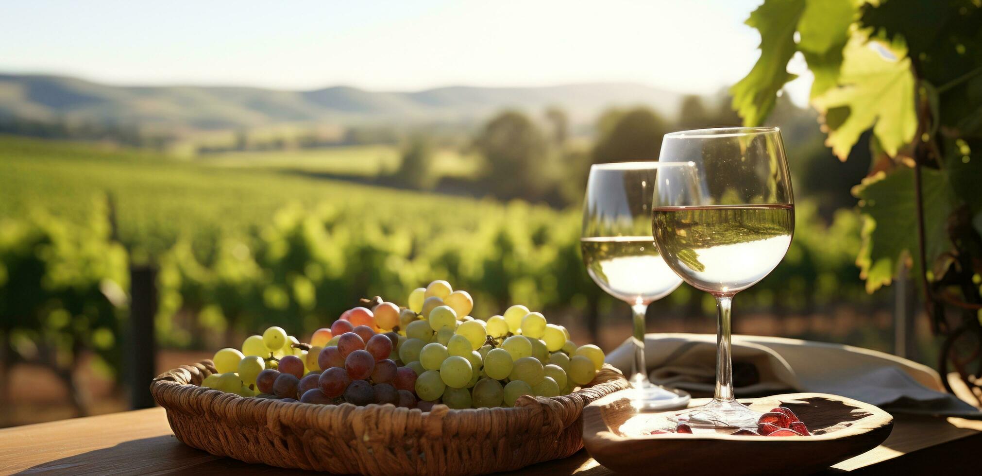 AI generated wine, wine, grapes and wine glasses on a table in a vineyard photo