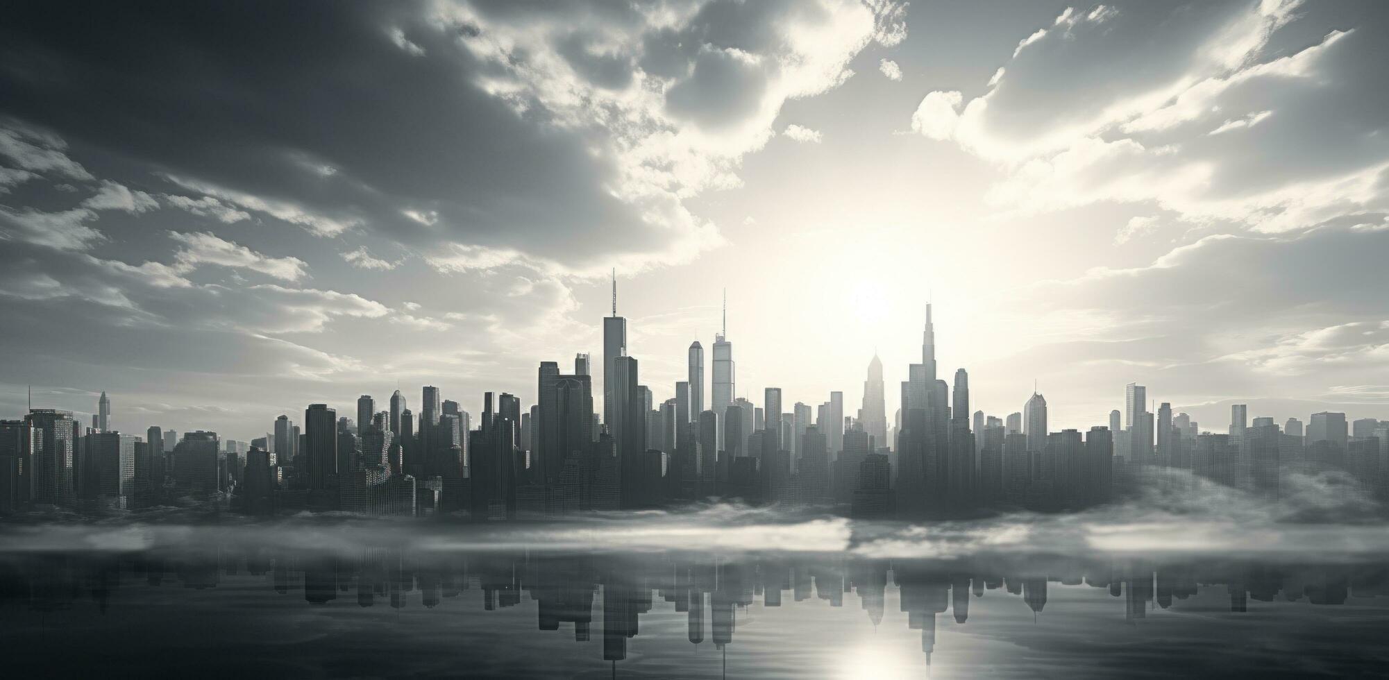 AI generated urban skyline aerial black and white photo
