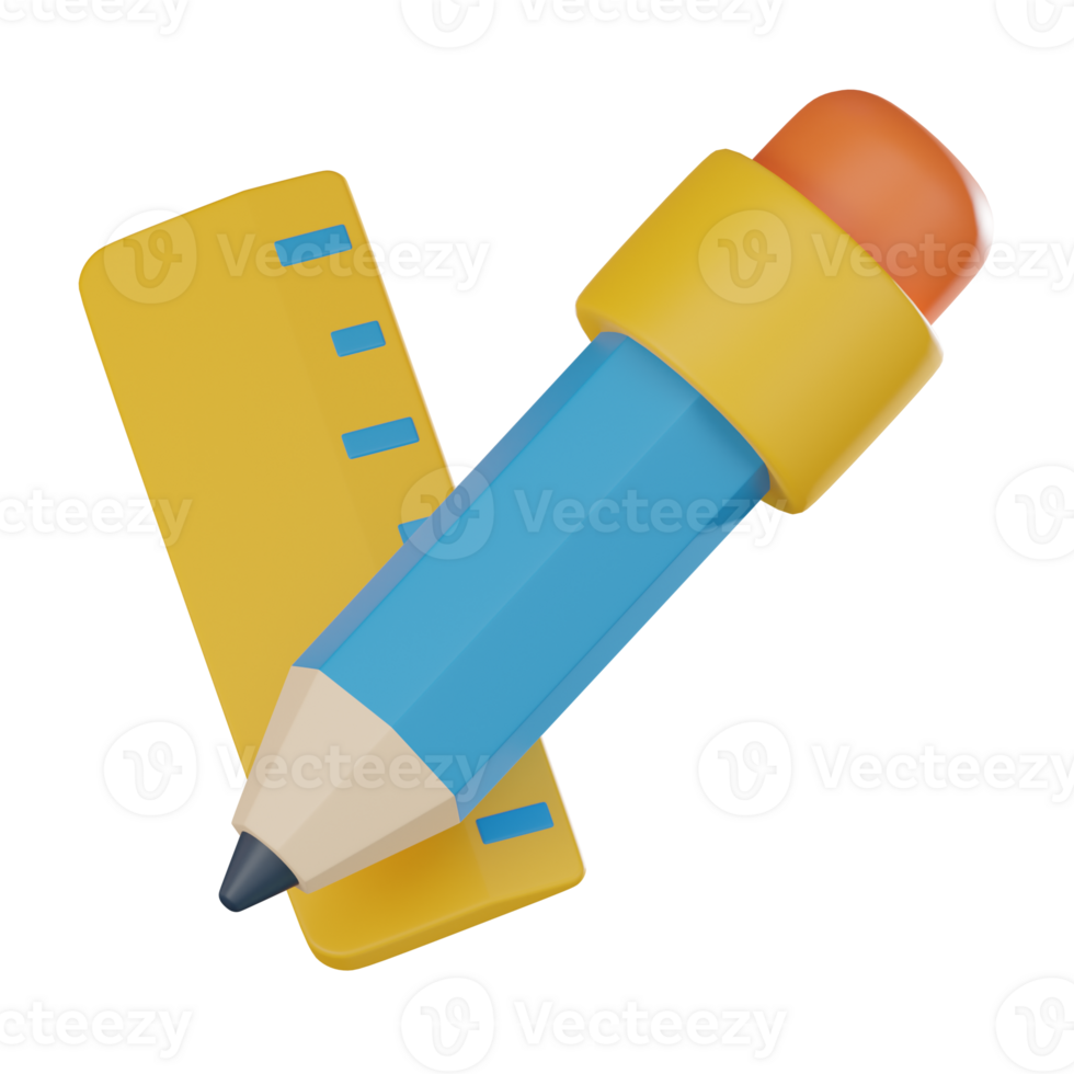 Pencil and Ruler for School and Design. 3D Render png